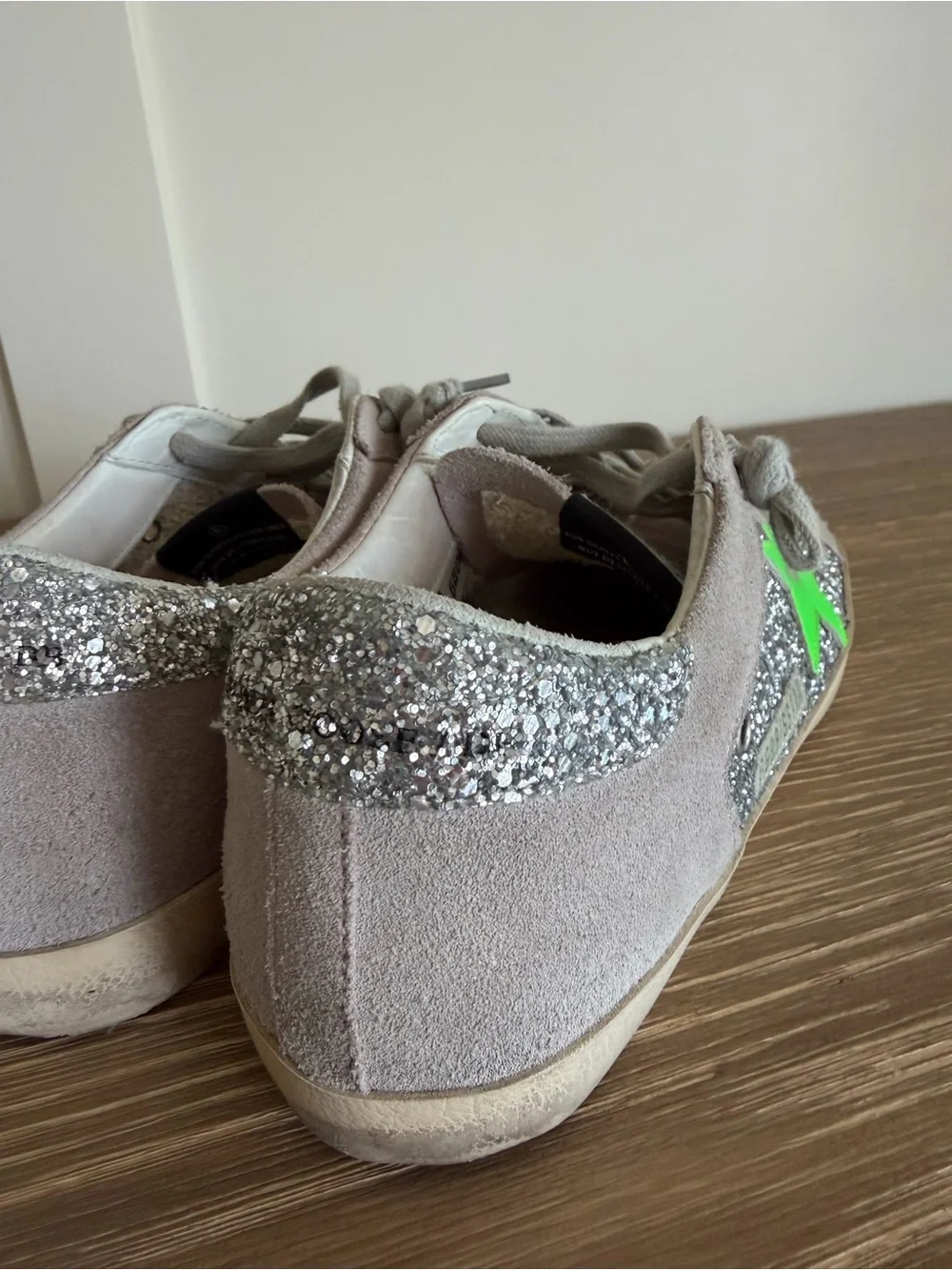 Golden Goose Silver Glitter Sneakers with Neon Green Star - Picture 5 of 6